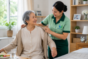 caregiver membantu aktivitas lansia.